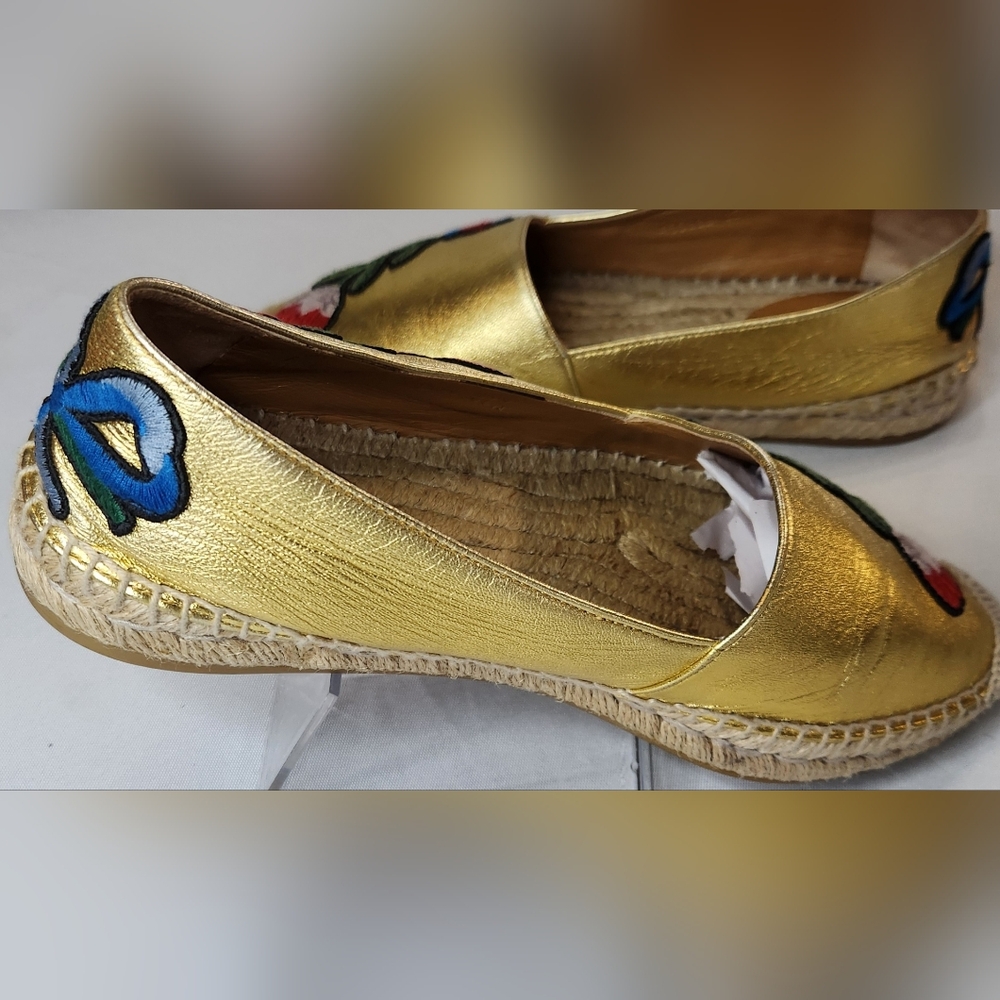 GUCCI  Pilar Leather Floral Embroidered Espadrilles Gold  Size 37.5 EU - Picture 12 of 16